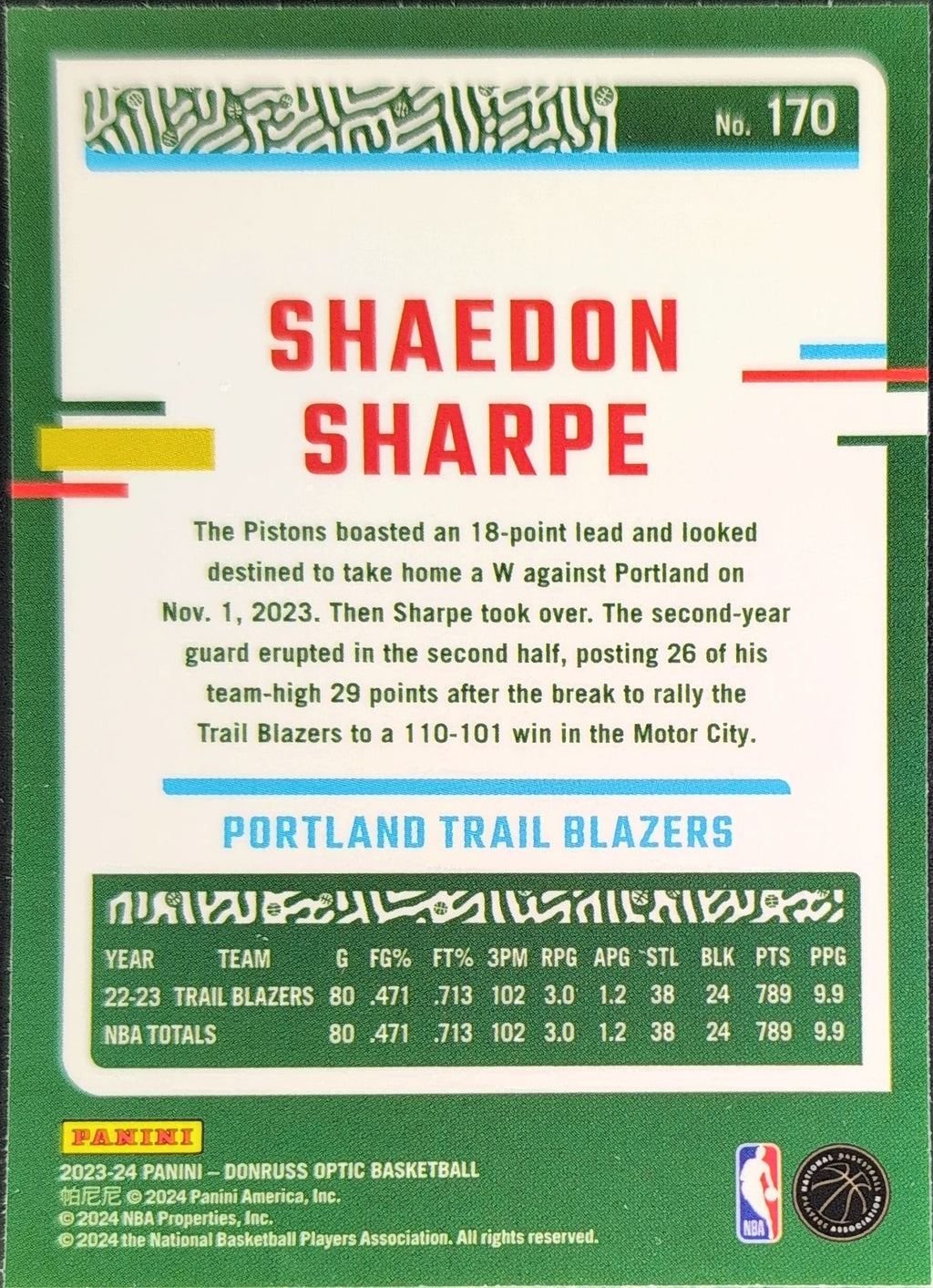 2023-24 Donruss Optic Shaedon Sharpe #170 Portland Trail Blazers back