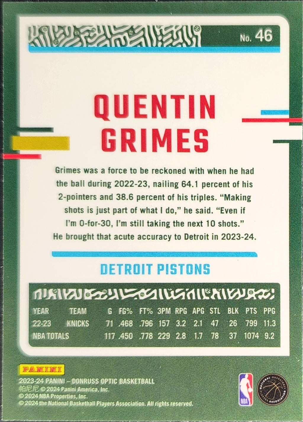 2023-24 Donruss Optic Quentin Grimes #46 Detroit Pistons back