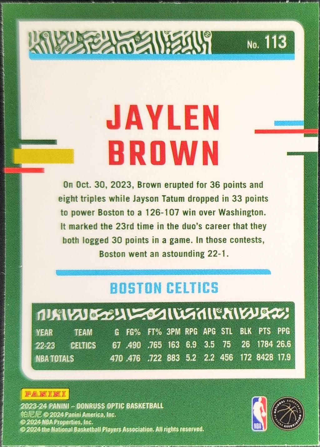 2023-24 Donruss Optic Jaylen Brown #113 Boston Celtics back