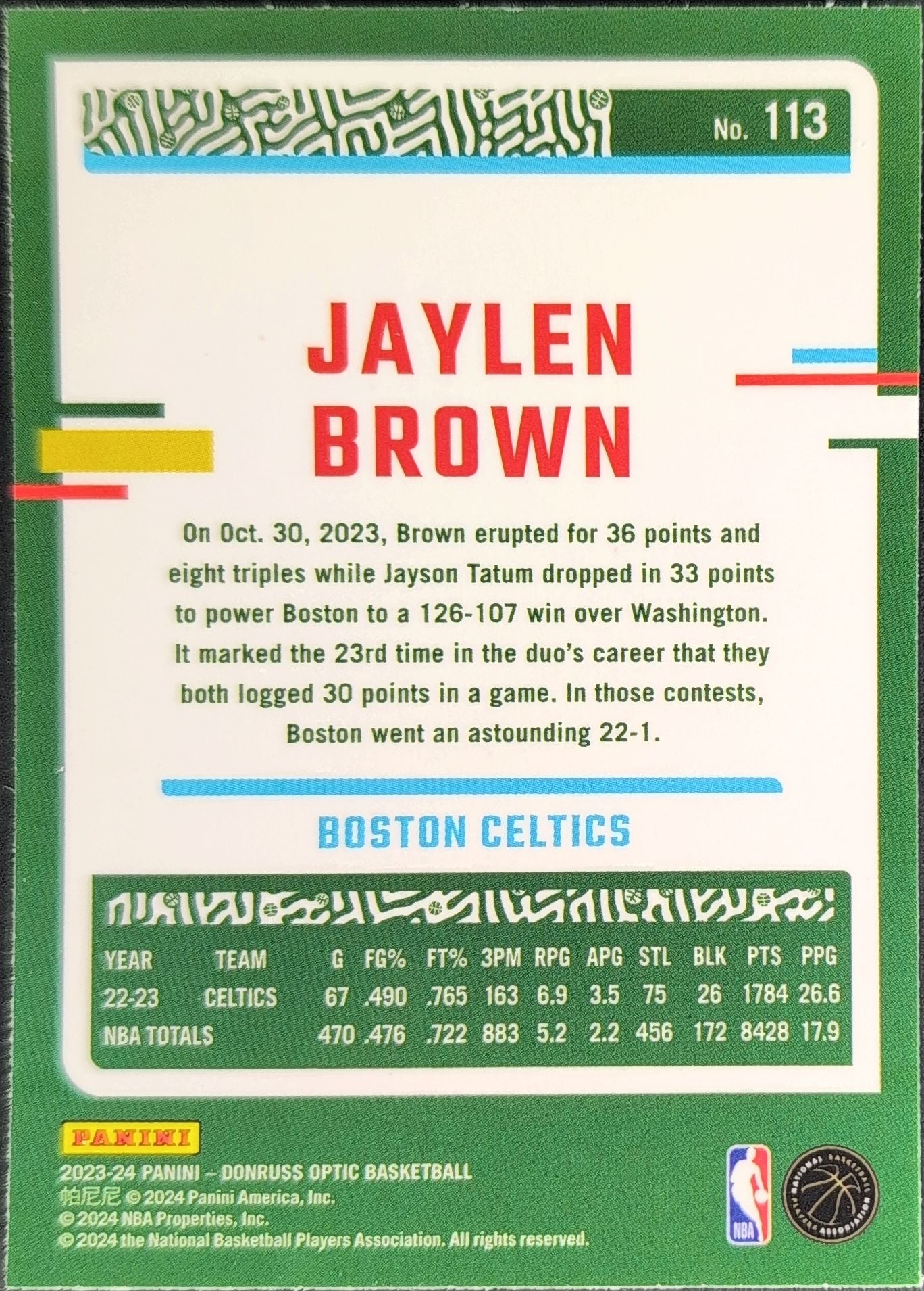 2023-24 Donruss Optic Jaylen Brown #113 Boston Celtics back