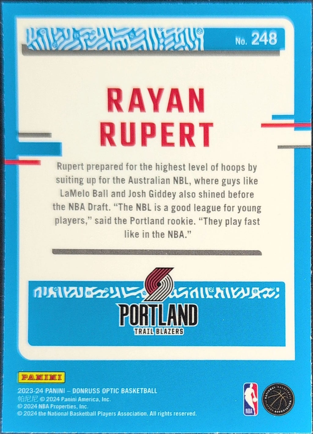 2023-24 Donruss Optic Rayan Rupert #248 RC Portland Trail Blazers back