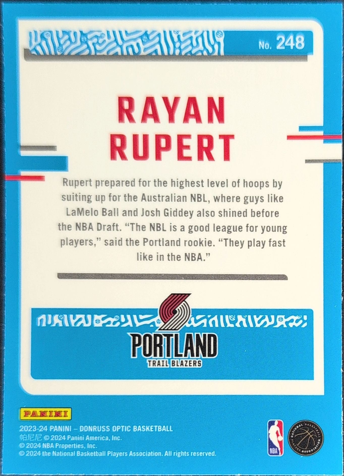 2023-24 Donruss Optic Rayan Rupert #248 RC Portland Trail Blazers back