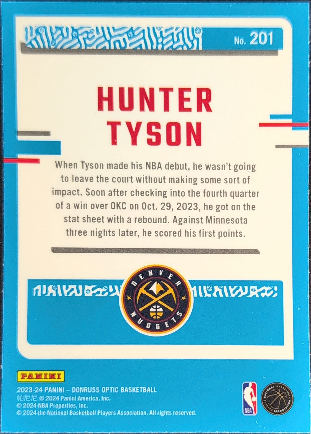 2023-24 Donruss Optic Hunter Tyson #201 Purple RC Denver Nuggets back