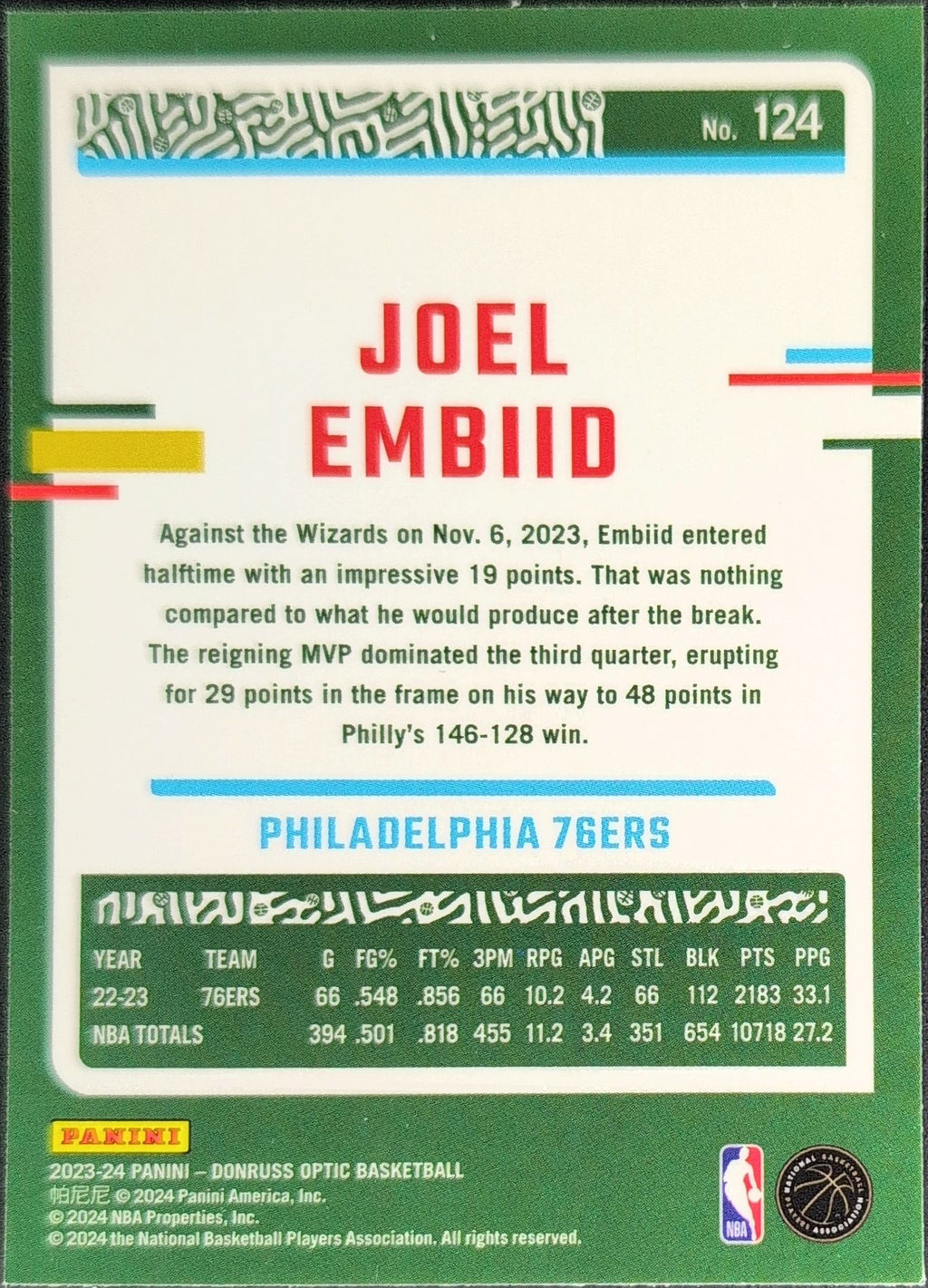 2023-24 Donruss Optic Joel Embiid #124 Blue Velocity Philadelphia 76ers back