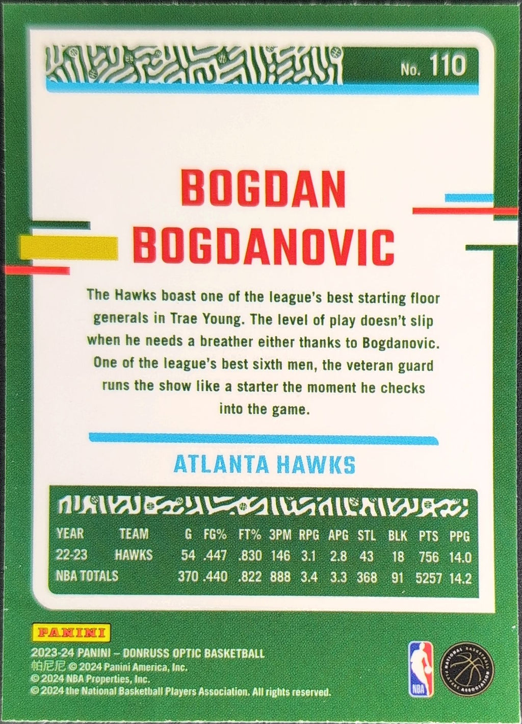 2023-24 Donruss Optic Bogdan Bogdanovic #110 Atlanta Hawks back
