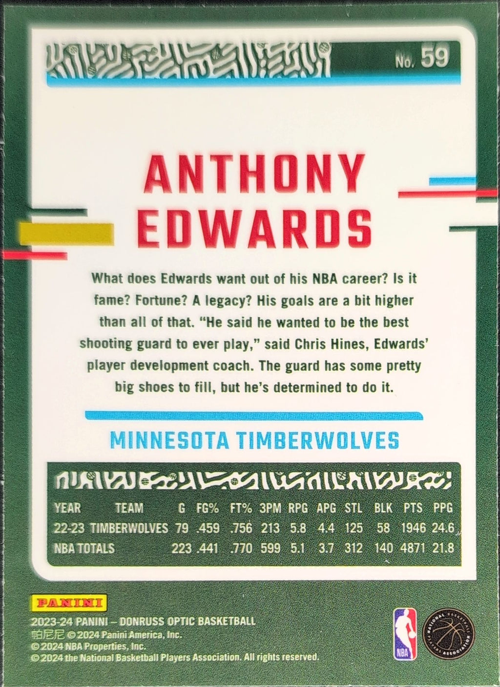 2023-24 Donruss Optic Anthony Edwards #59 Minnesota Timberwolves back