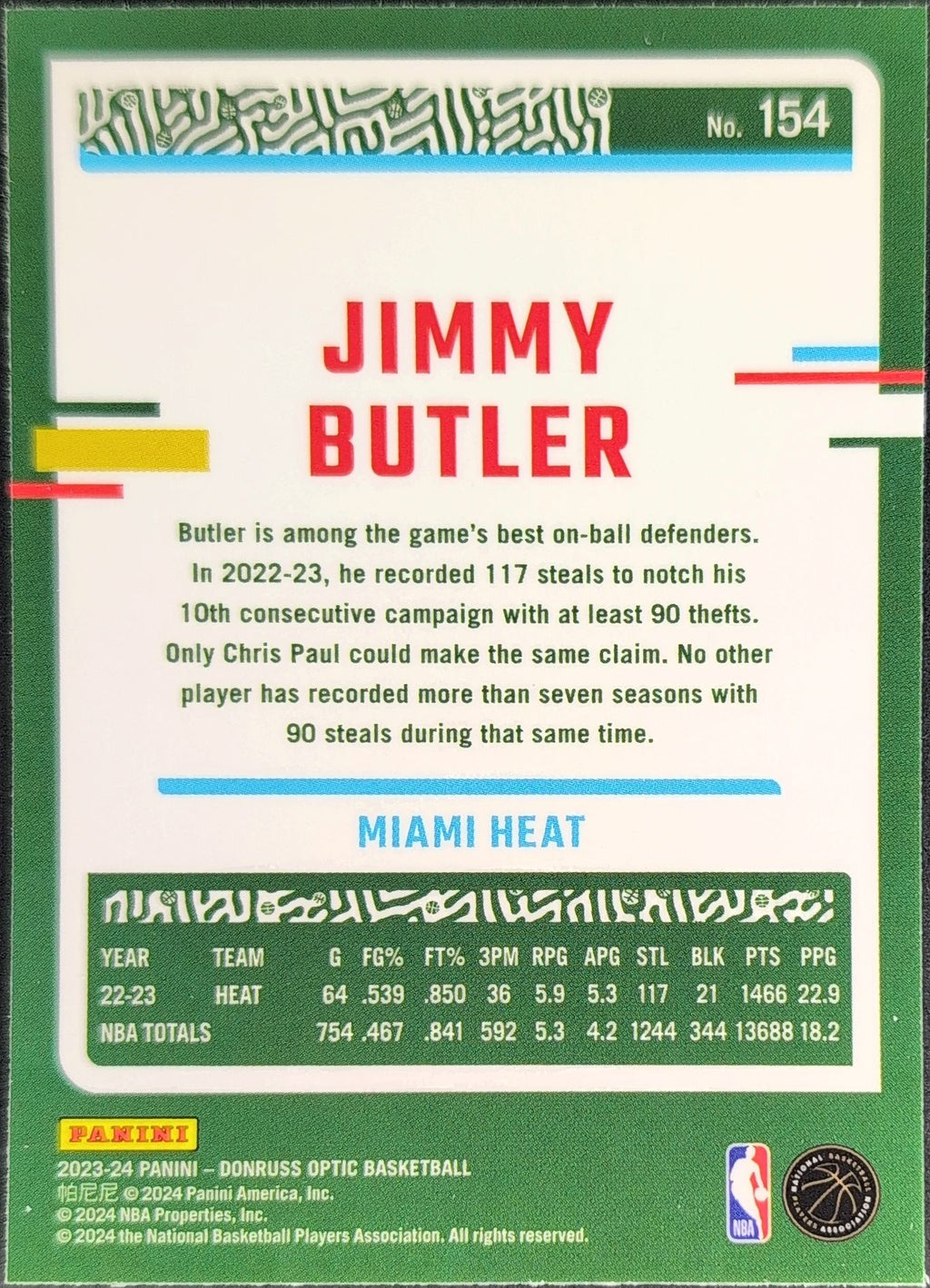 2023-24 Donruss Optic Jimmy Butler #154 Miami Heat back