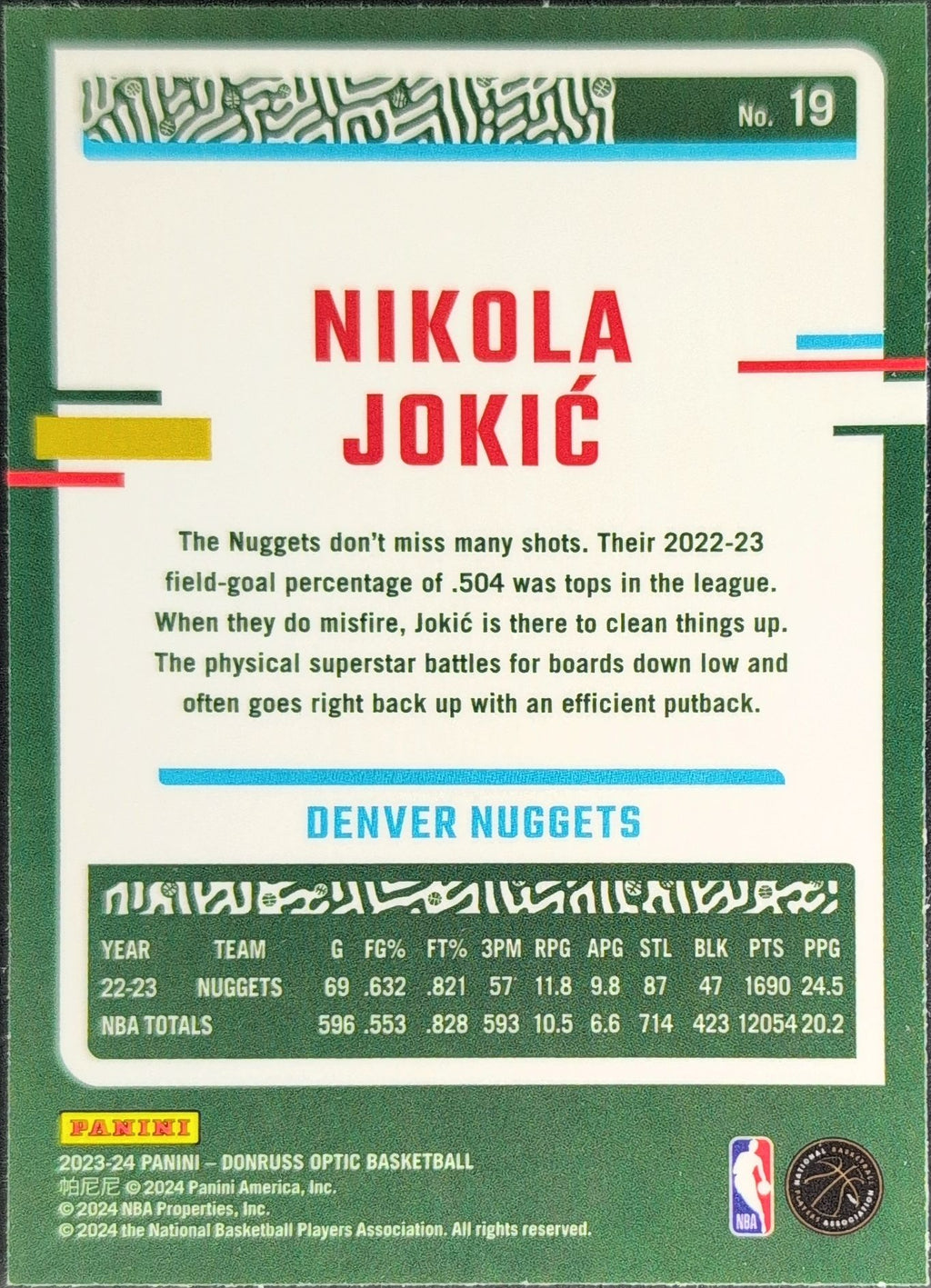 2023-24 Donruss Optic Nikola Jokic #19 Holo Denver Nuggets back