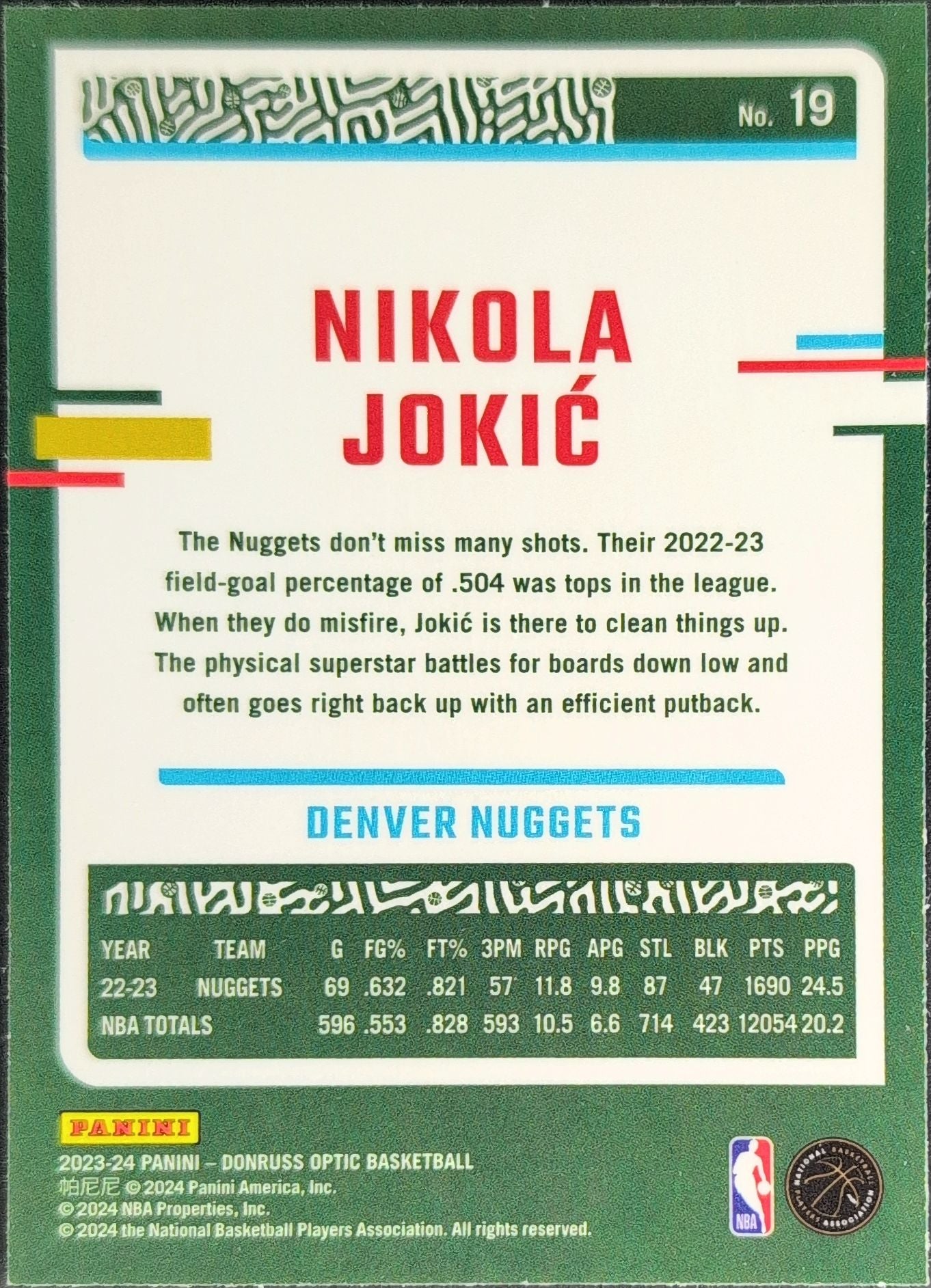 2023-24 Donruss Optic Nikola Jokic #19 Holo Denver Nuggets back