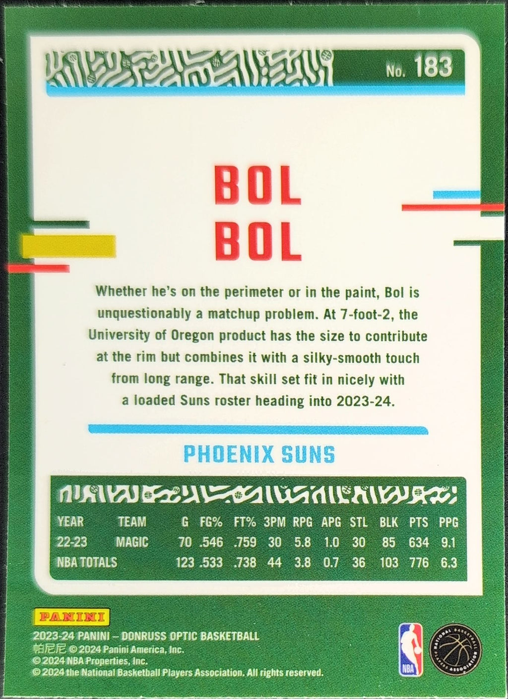 2023-24 Donruss Optic Bol Bol #183 Blue Velocity Phoenix Suns back