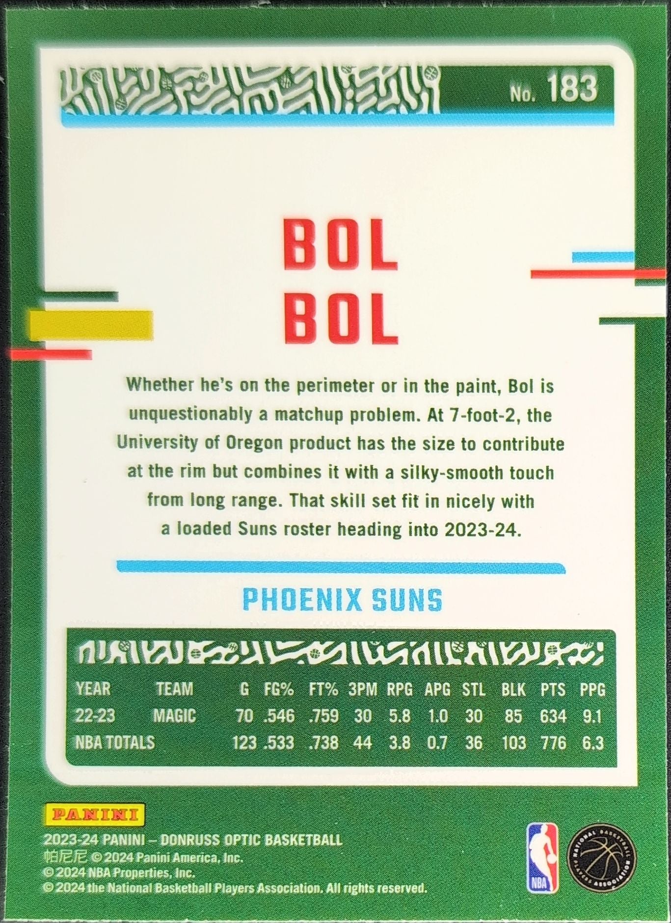 2023-24 Donruss Optic Bol Bol #183 Blue Velocity Phoenix Suns back