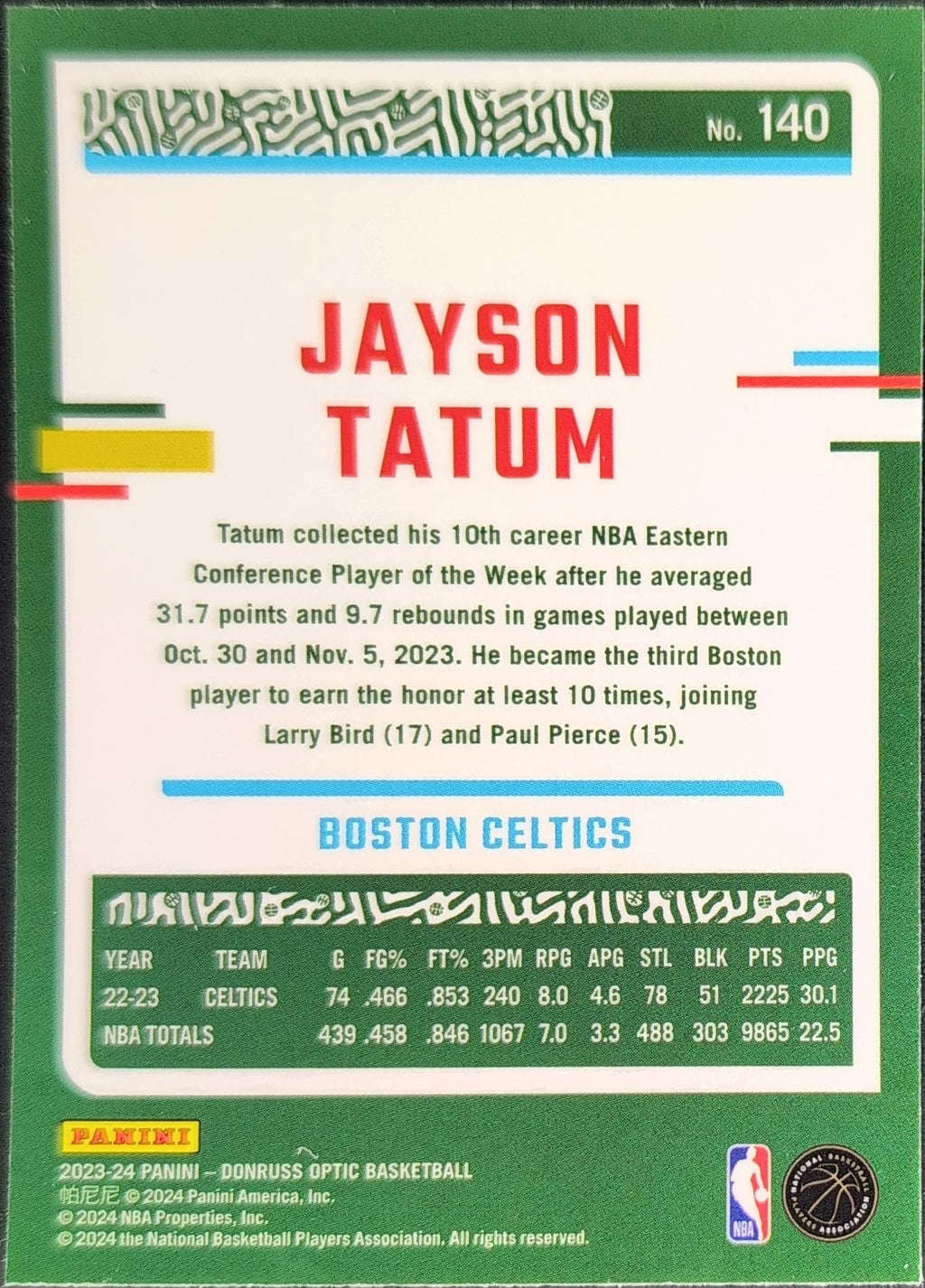 2023-24 Donruss Optic Jayson Tatum #140 Boston Celtics back