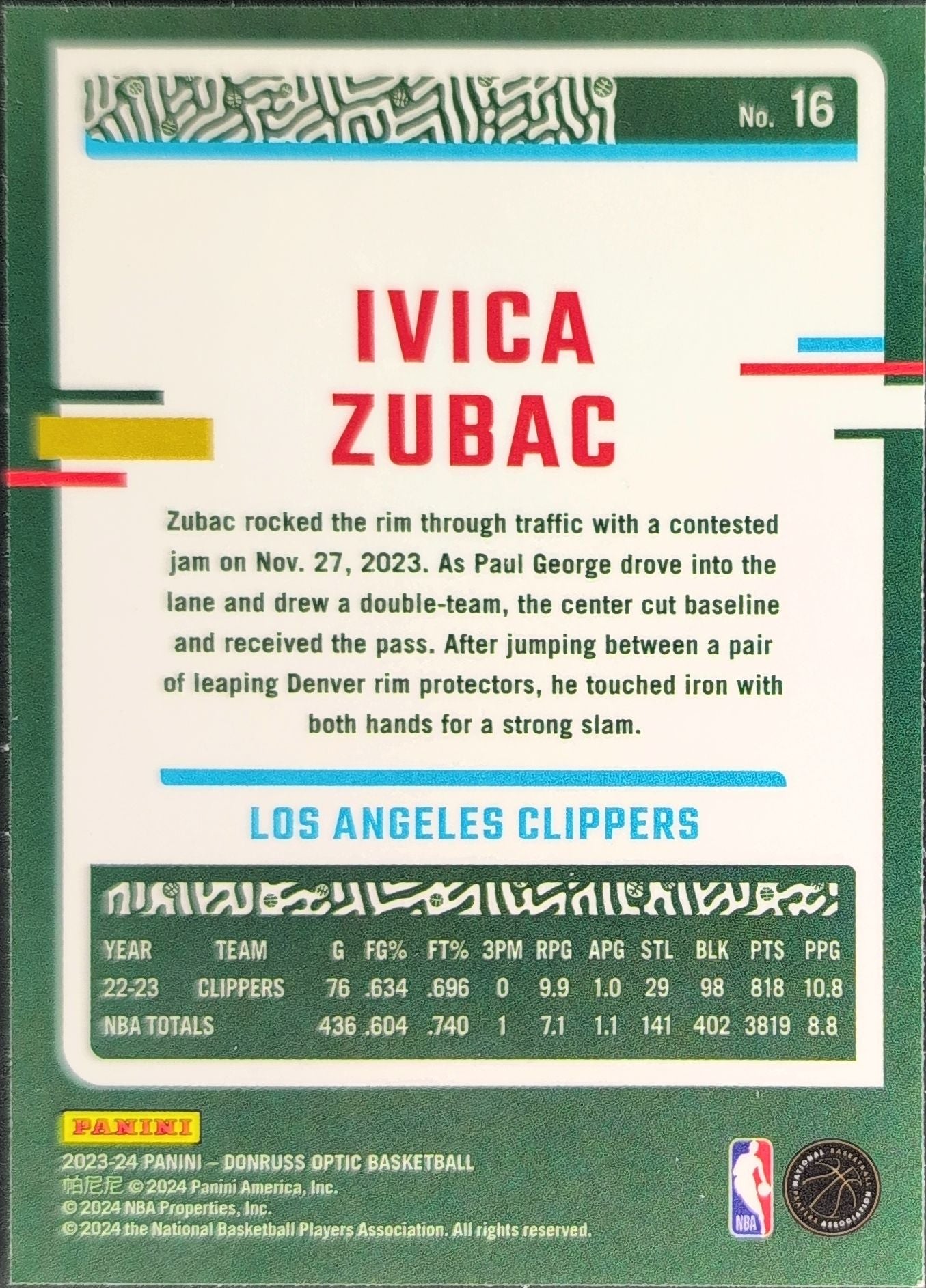 2023-24 Donruss Optic Ivica Zubac #16 Los Angeles Clippers back
