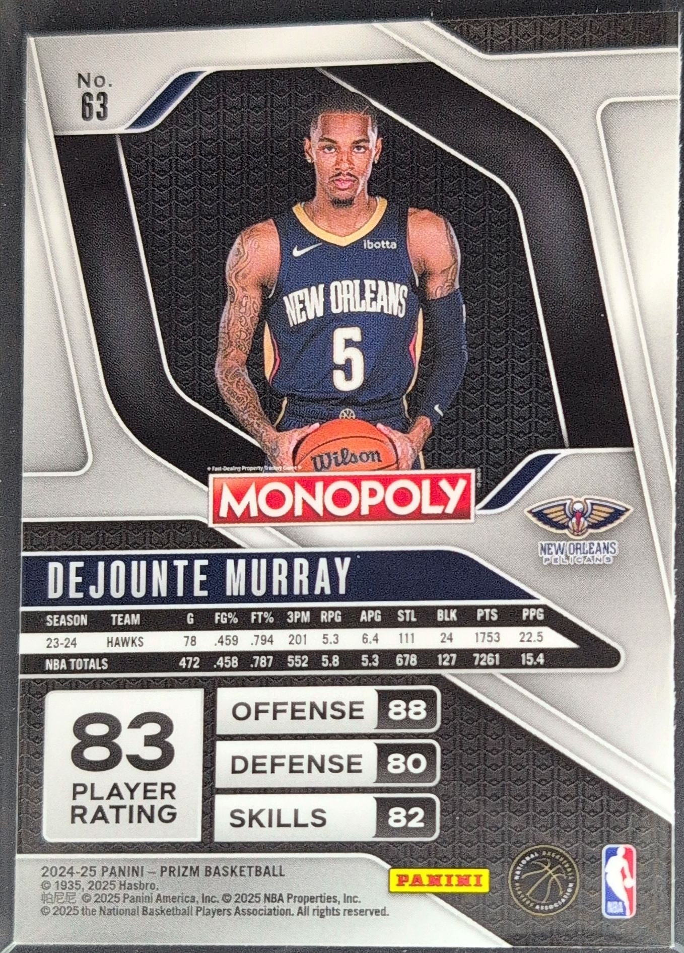 2024-25 Panini Prizm Monopoly Dejounte Murray #63 New Orleans Pelicans back