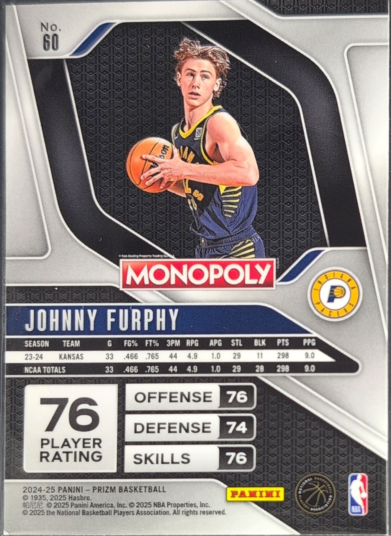 2024-25 Panini Prizm Monopoly Johnny Furphy #60 RC Indiana Pacers back