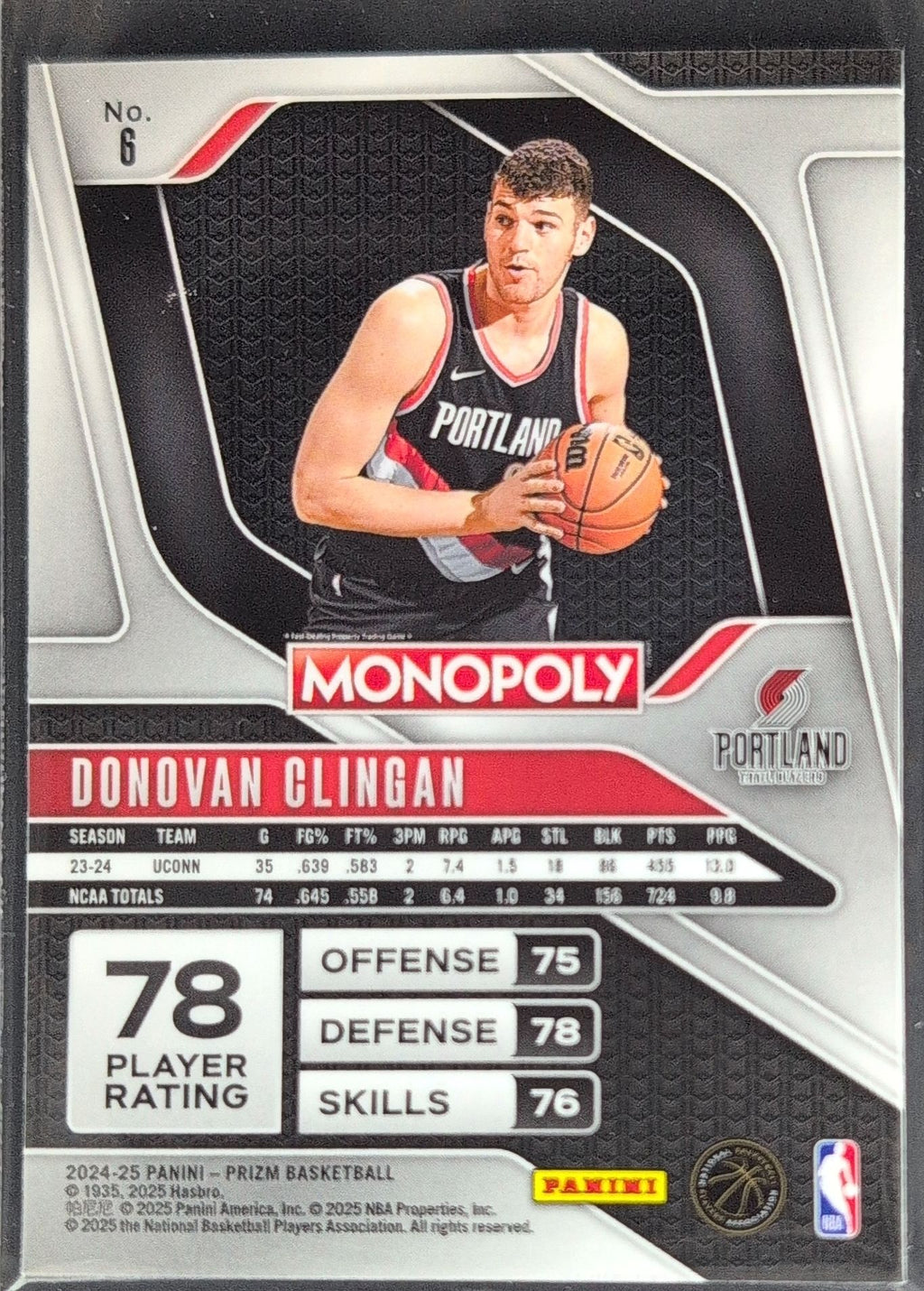 2024-25 Panini Prizm Monopoly Donovan Clingan #6 RC Portland Trail Blazers back