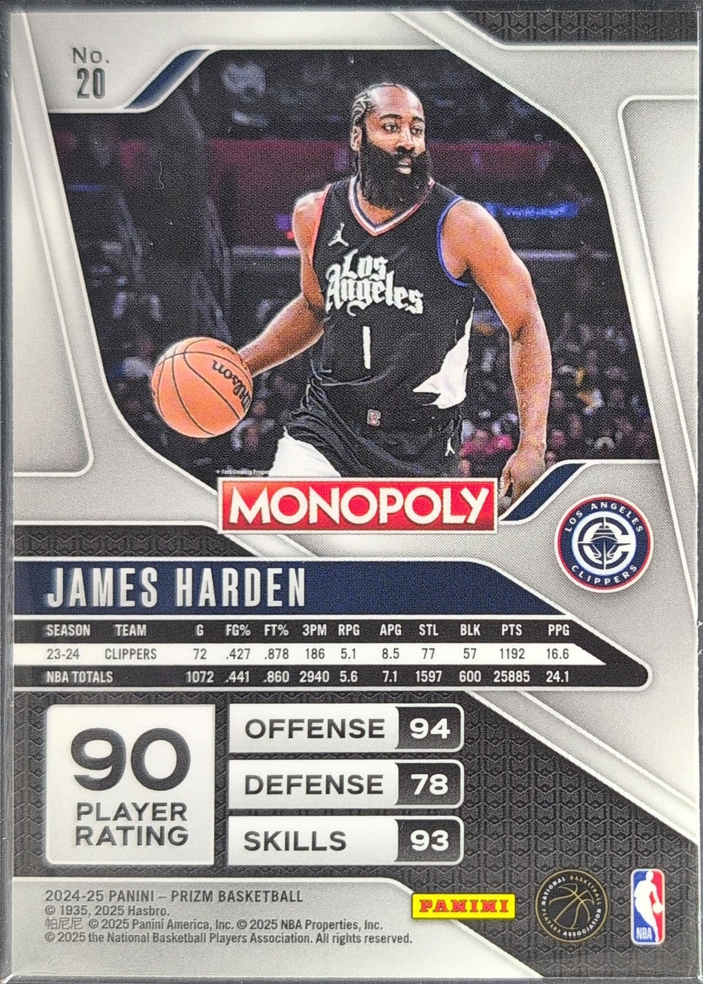 2024-25 Panini Prizm Monopoly James Harden #20 Los Angeles Clippers back