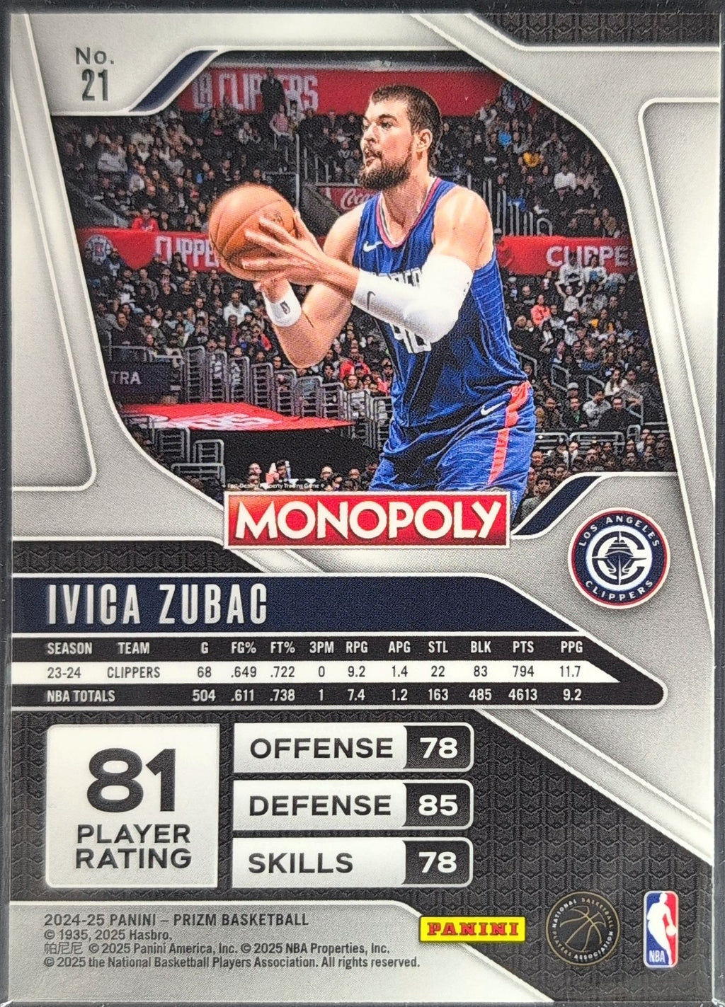 2024-25 Panini Prizm Monopoly Ivica Zubac #21 Los Angeles Clippers back