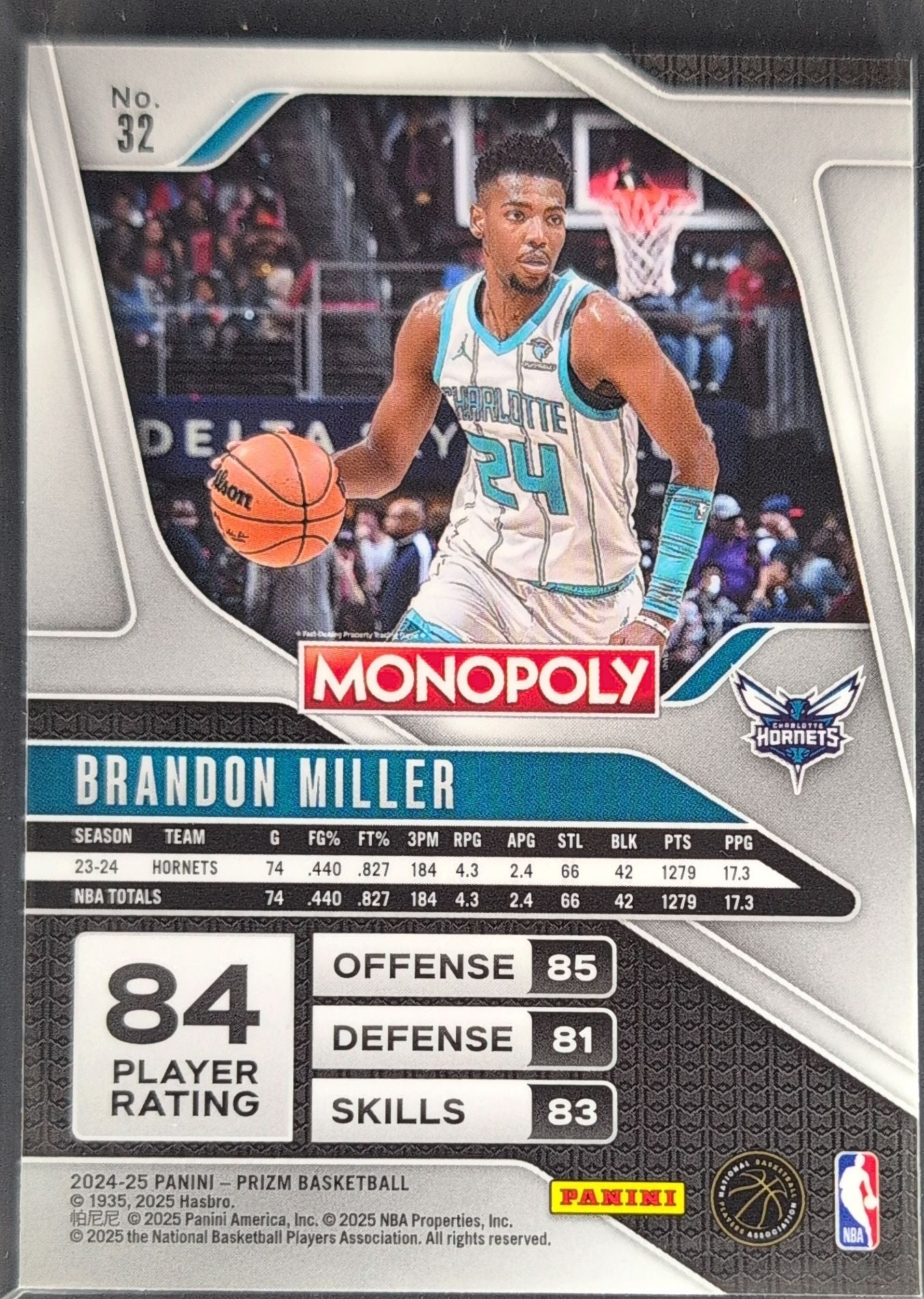 2024-25 Panini Prizm Monopoly Brandon Miller #32 Charlotte Hornets back