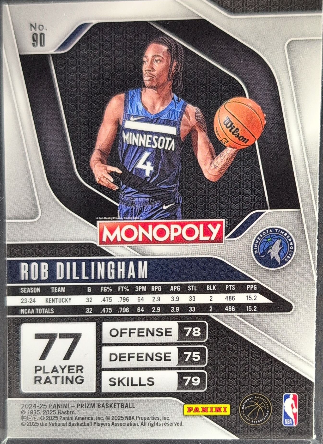 2024-25 Panini Prizm Monopoly Rob Dillingham #90 RC Minnesota Timberwolves back