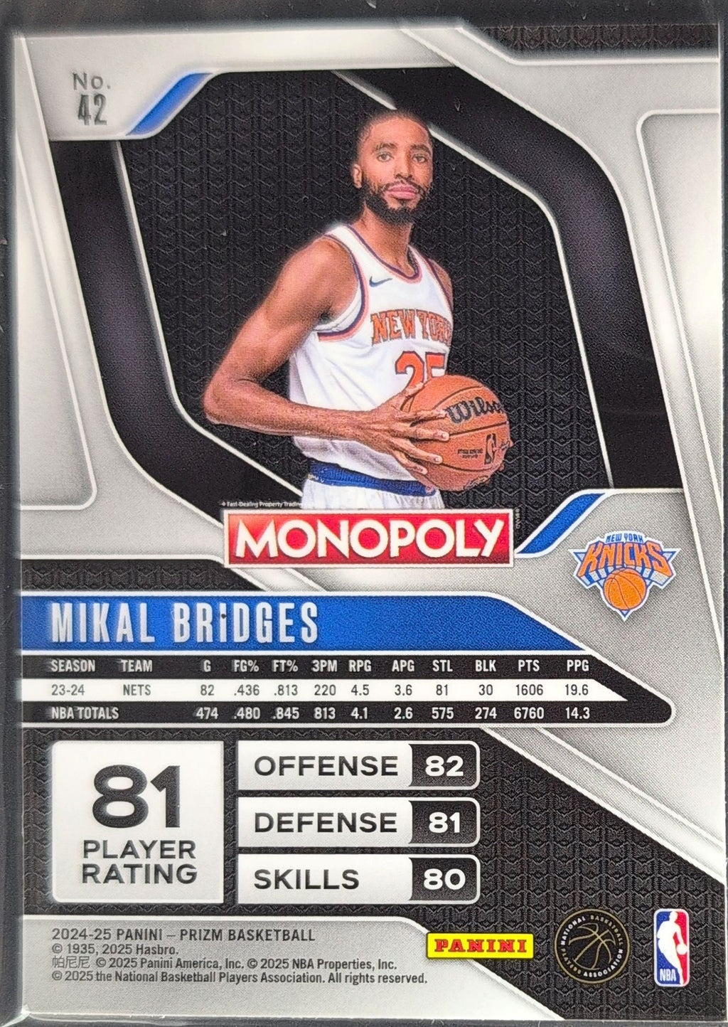 2024-25 Panini Prizm Monopoly Mikal Bridges #42 New York Knicks back