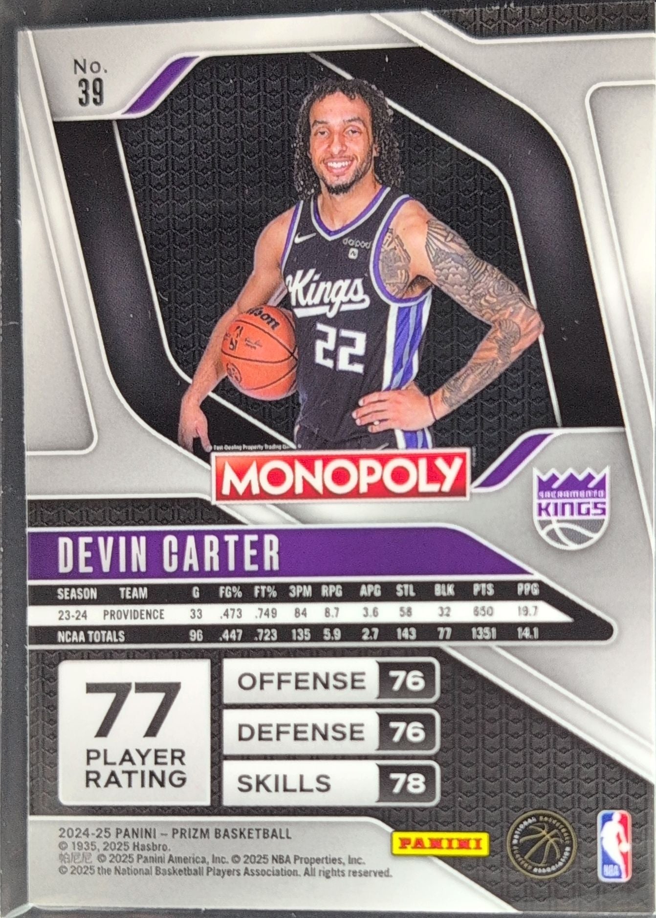 2024-25 Panini Prizm Monopoly Devin Carter #39 RC Sacramento Kings back