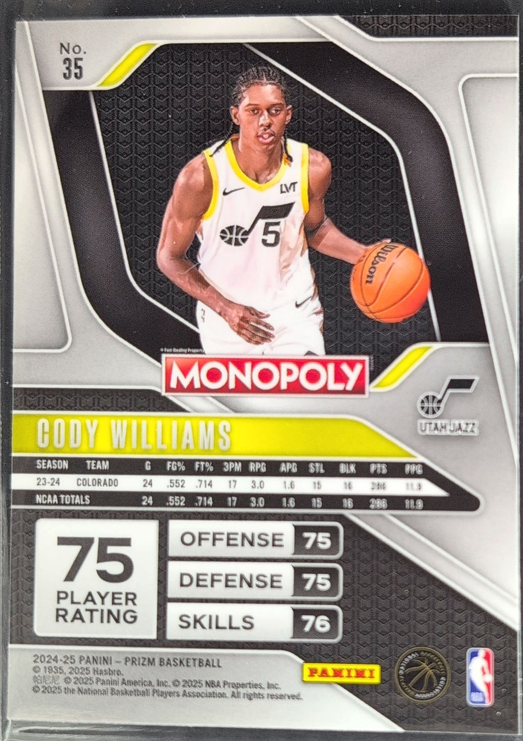 2024-25 Panini Prizm Monopoly Cody Williams #35 RC Utah Jazz back