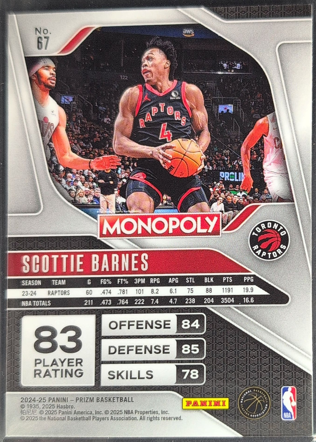 2024-25 Panini Prizm Monopoly Scottie Barnes #67 Toronto Raptors back