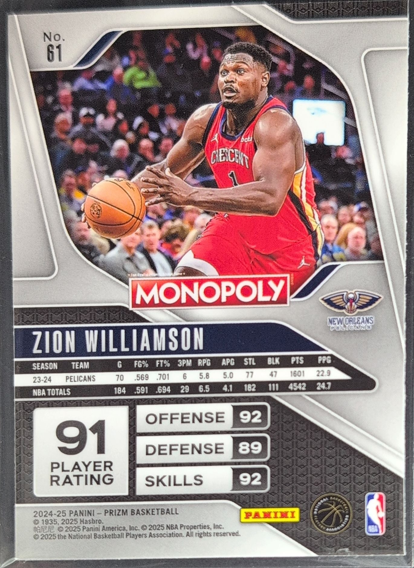 2024-25 Panini Prizm Monopoly Zion Williamson #61 New Orleans Pelicans back