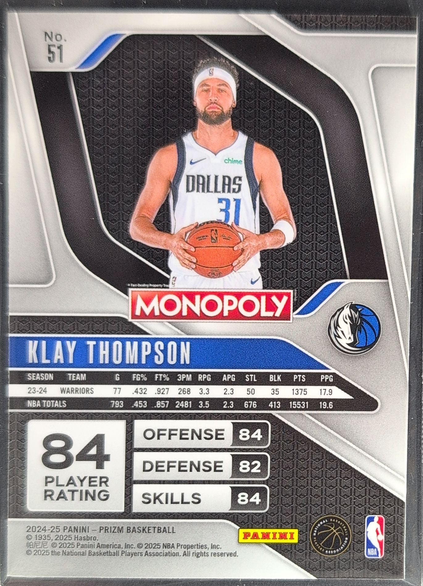 2024-25 Panini Prizm Monopoly Klay Thompson #51 Dallas Mavericks back