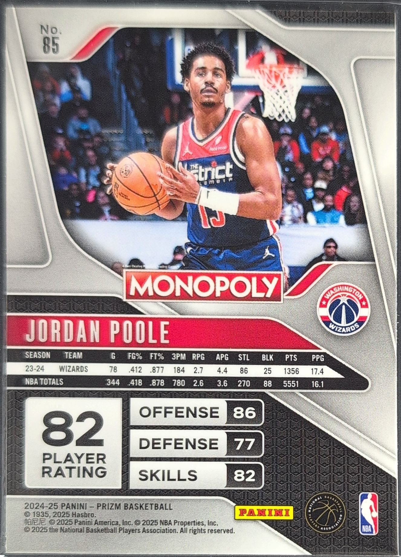 2024-25 Panini Prizm Monopoly Jordan Poole #85 Washington Wizards back
