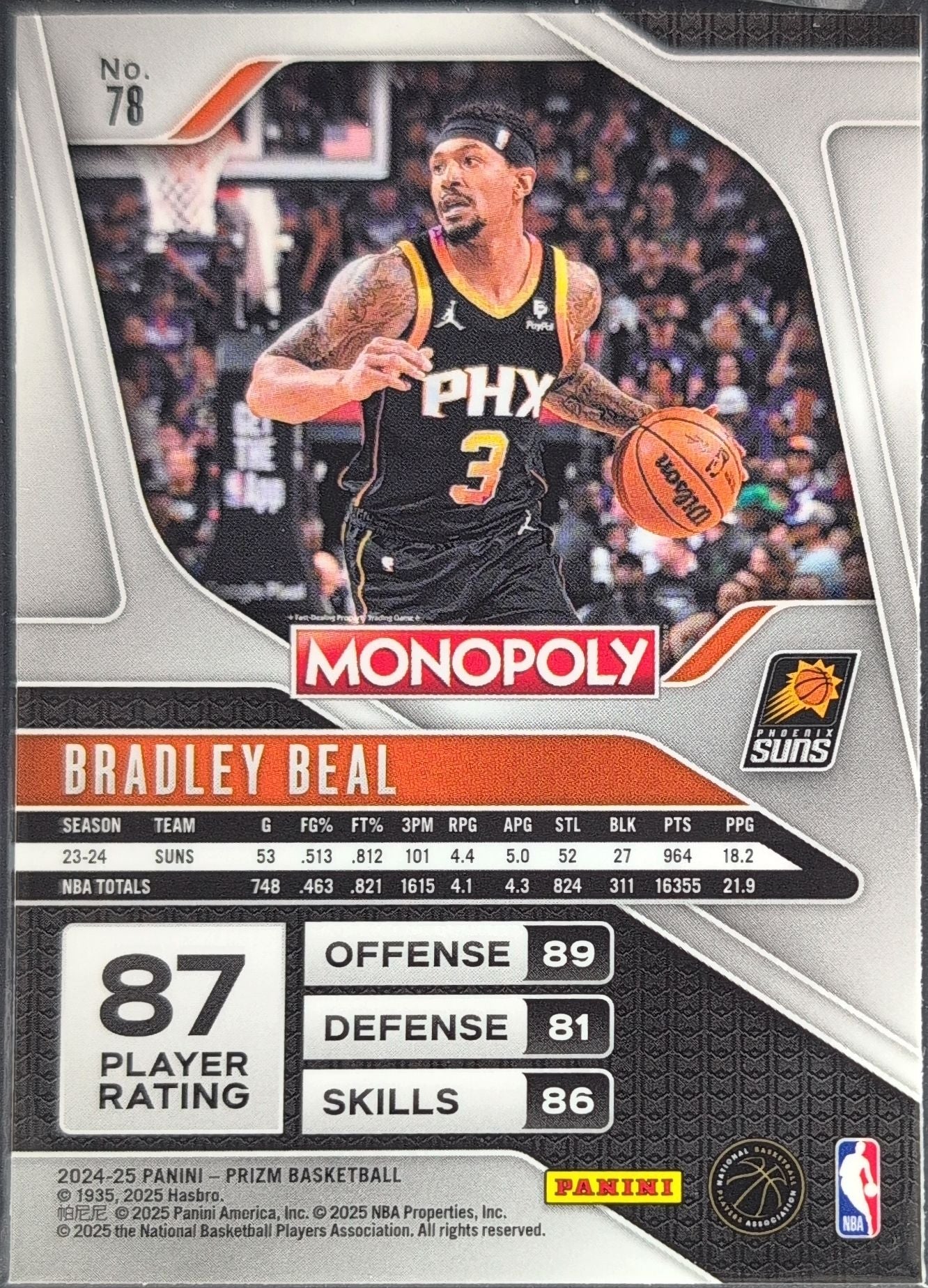 2024-25 Panini Prizm Monopoly Bradley Beal #78 Phoenix Suns back