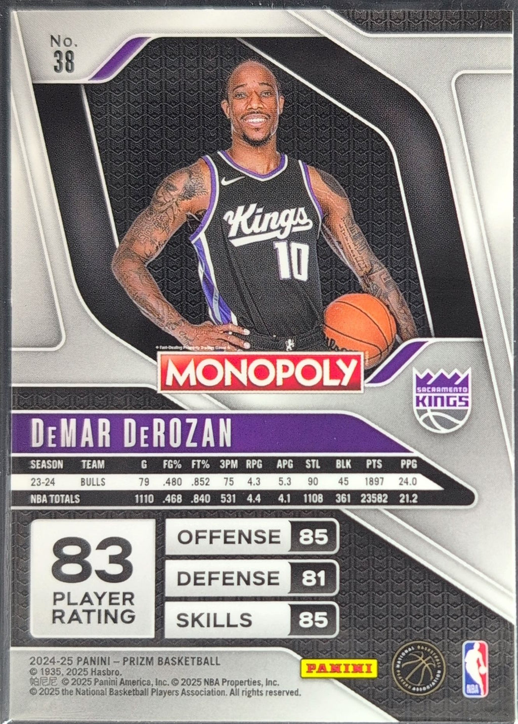 2024-25 Panini Prizm Monopoly DeMar DeRozan #38 Sacramento Kings back