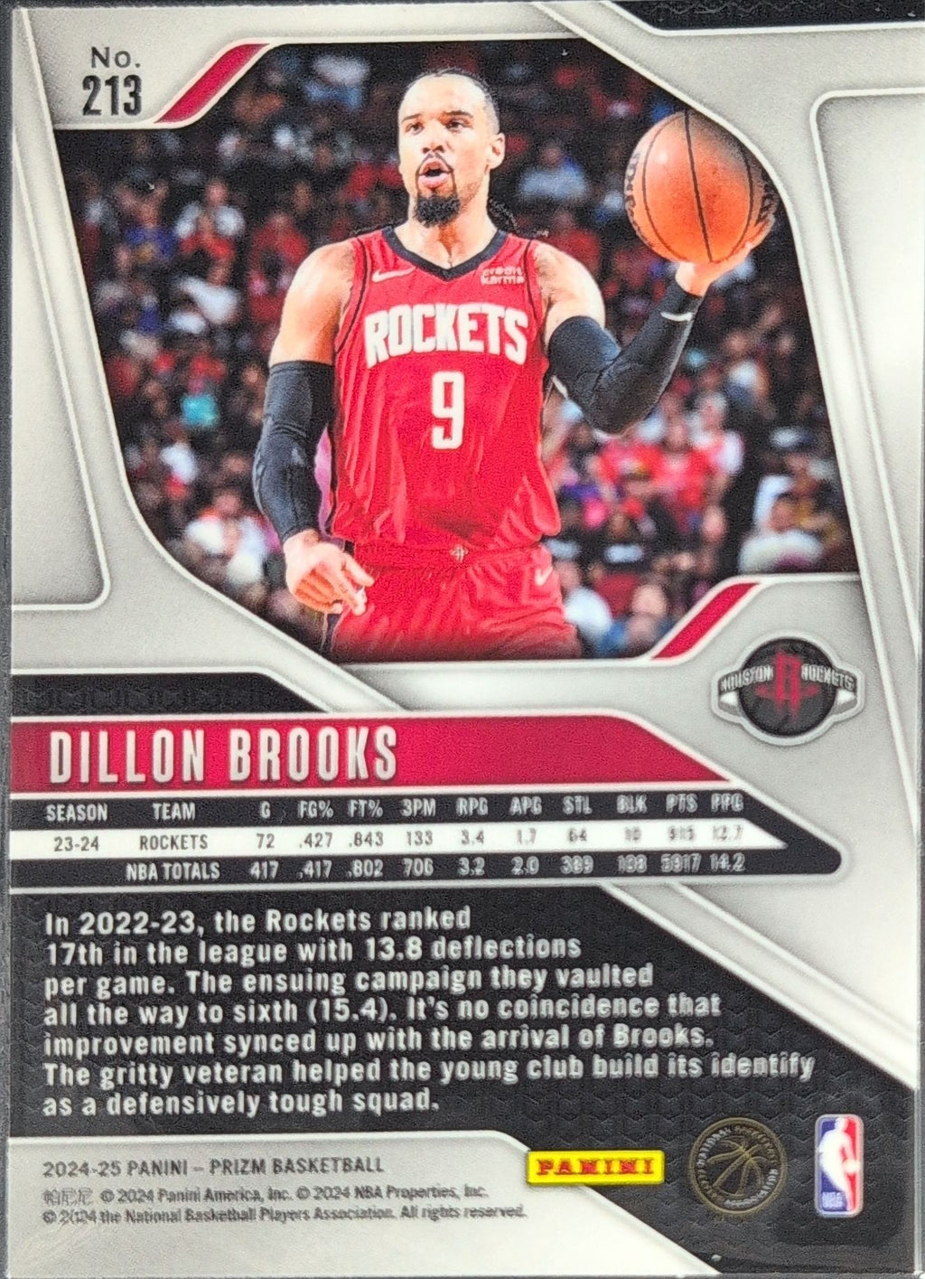 2024-25 Panini Prizm Dillon Brooks #213 Houston Rockets back