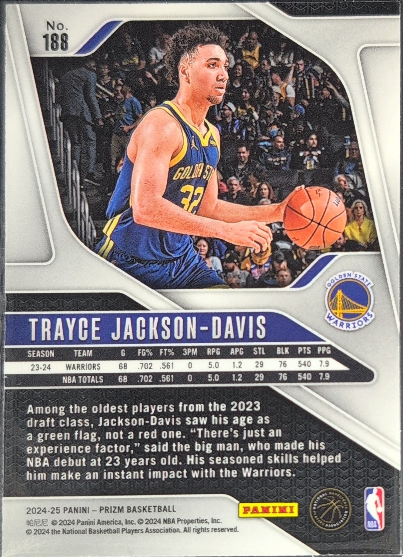 2024-25 Panini Prizm Trayce Jackson-Davis #188 Golden State Warriors back