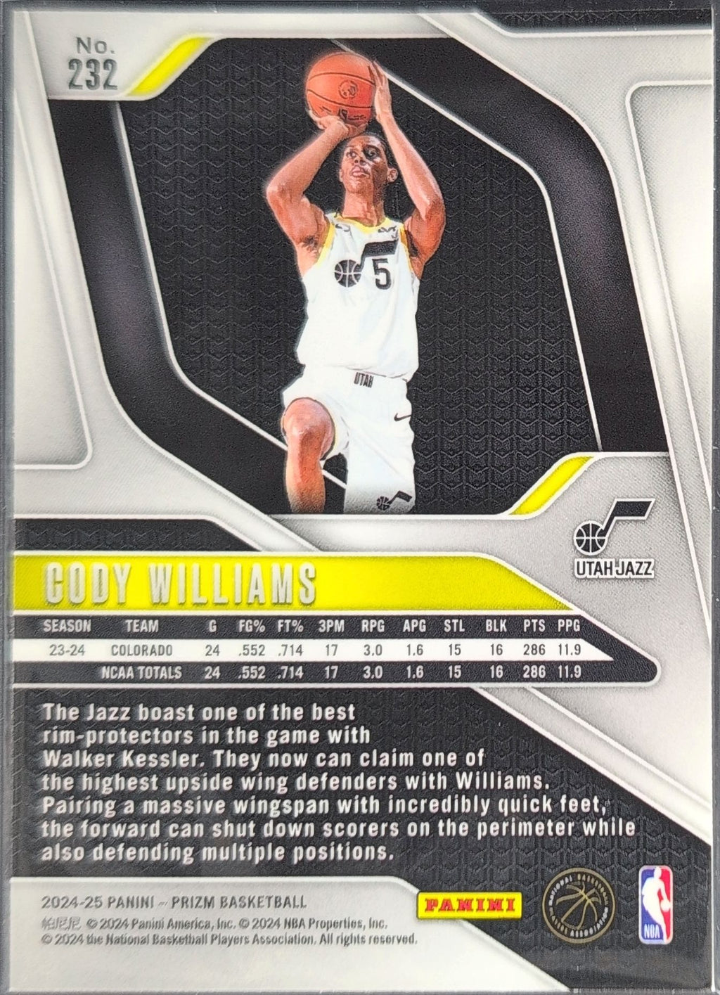 2024-25 Panini Prizm Cody Williams #232 RC Utah Jazz back