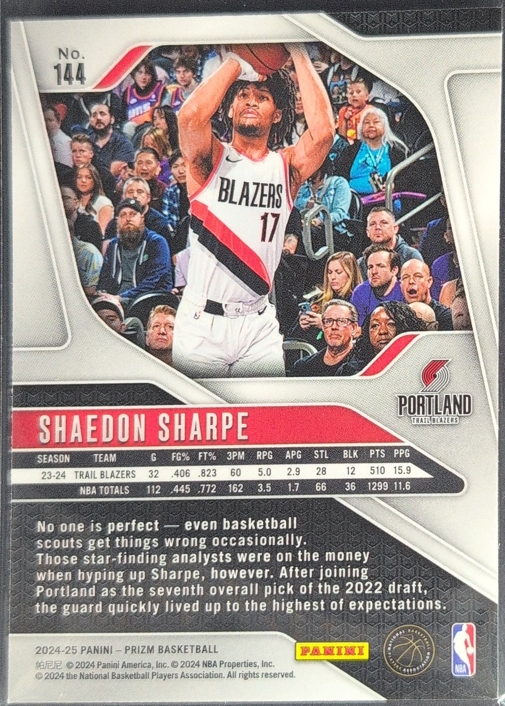 2024-25 Panini Prizm Shaedon Sharpe #144 Portland Trail Blazers back