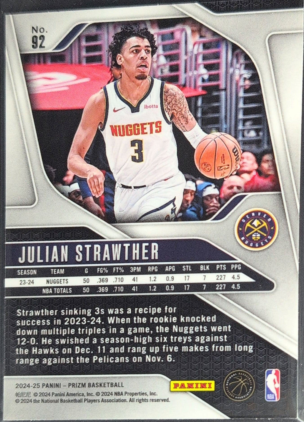 2024-25 Panini Prizm Julian Strawther #92 Denver Nuggets back