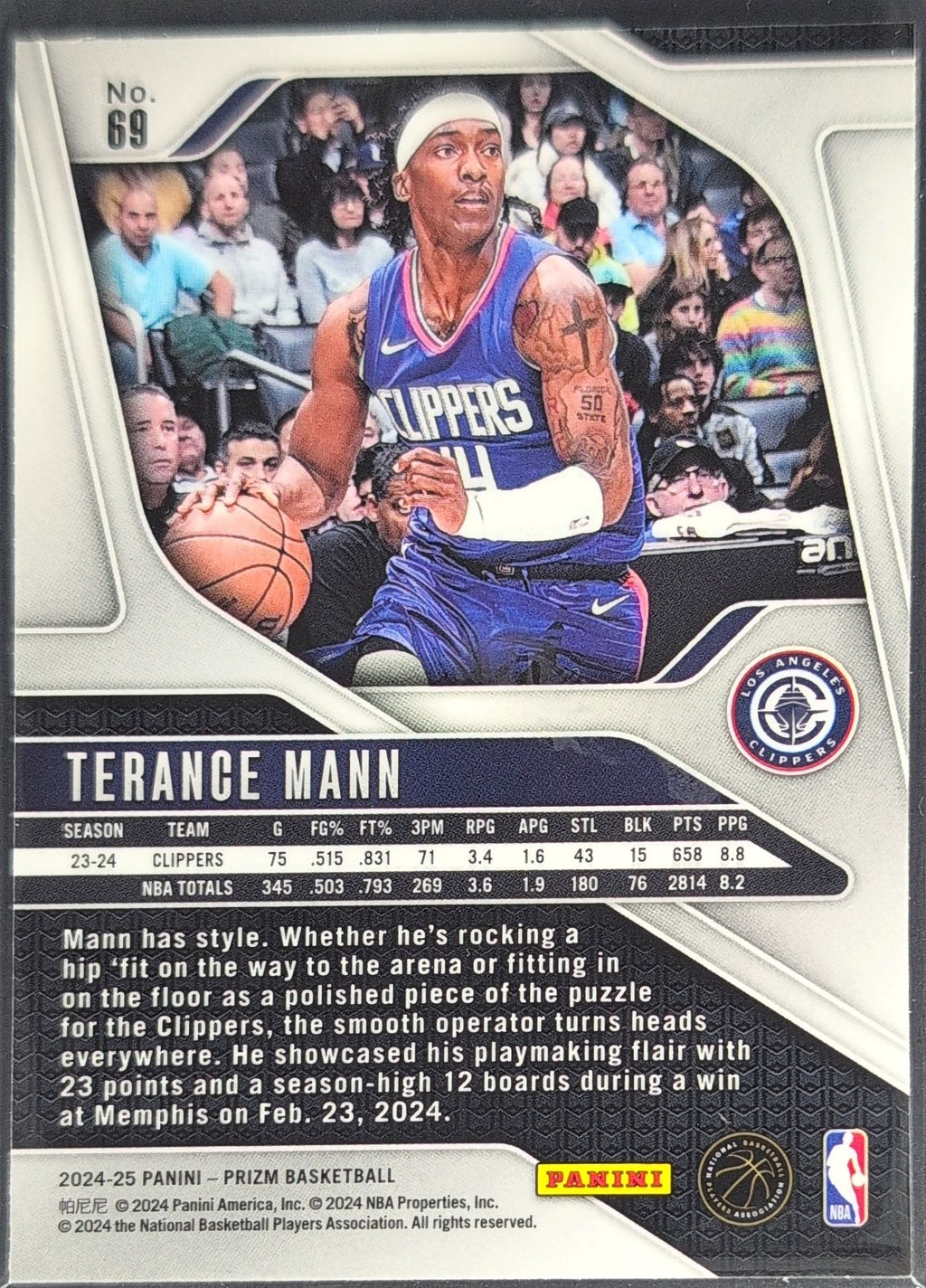 2024-25 Panini Prizm Terance Mann #69 Los Angeles Clippers back