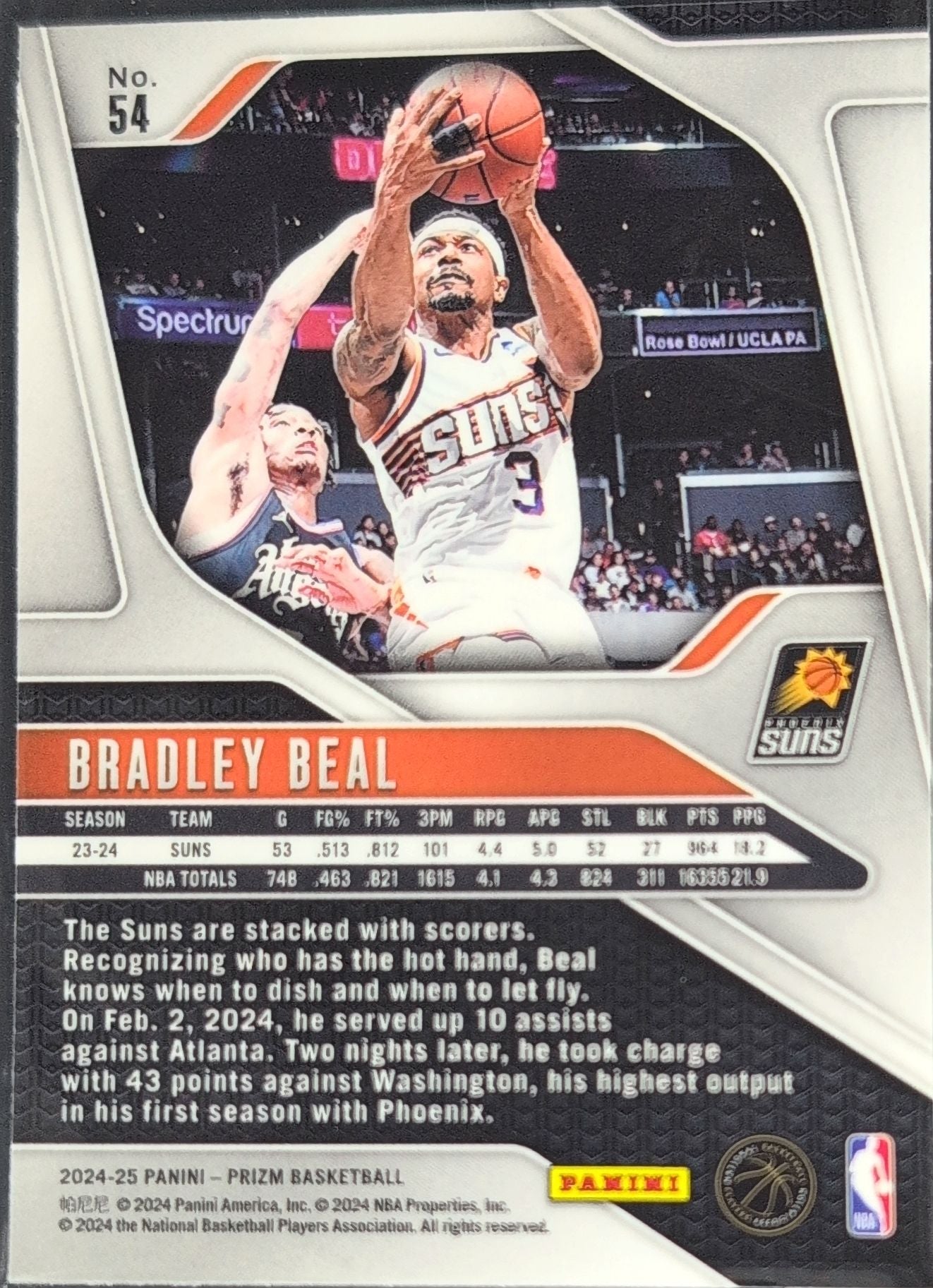 2024-25 Panini Prizm Bradley Beal #54 Phoenix Suns back