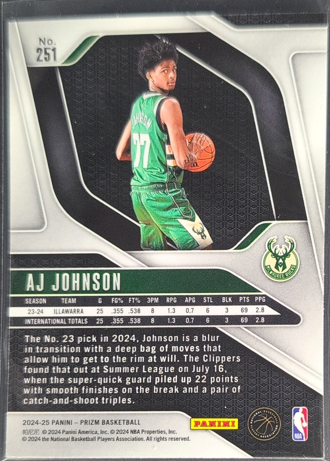 2024-25 Panini Prizm AJ Johnson #251 RC Milwaukee Bucks back