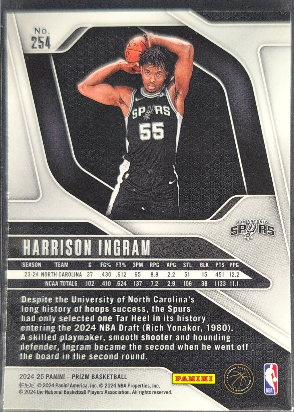 2024-25 Panini Prizm Harrison Ingram #254 RC San Antonio Spurs back