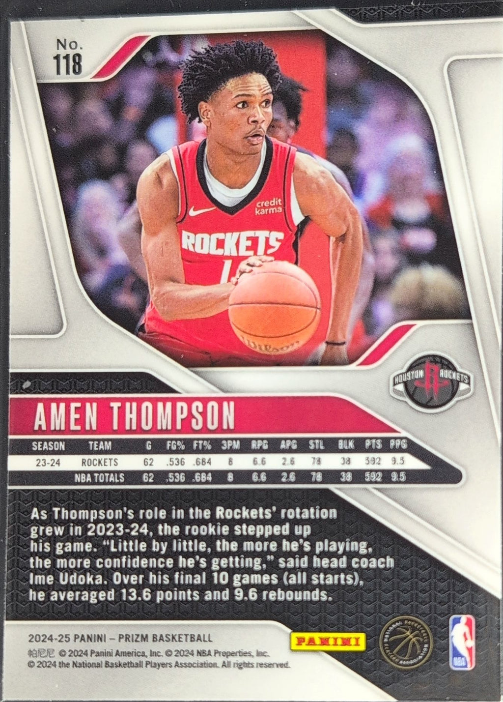 2024-25 Panini Prizm Amen Thompson #118 Houston Rockets back