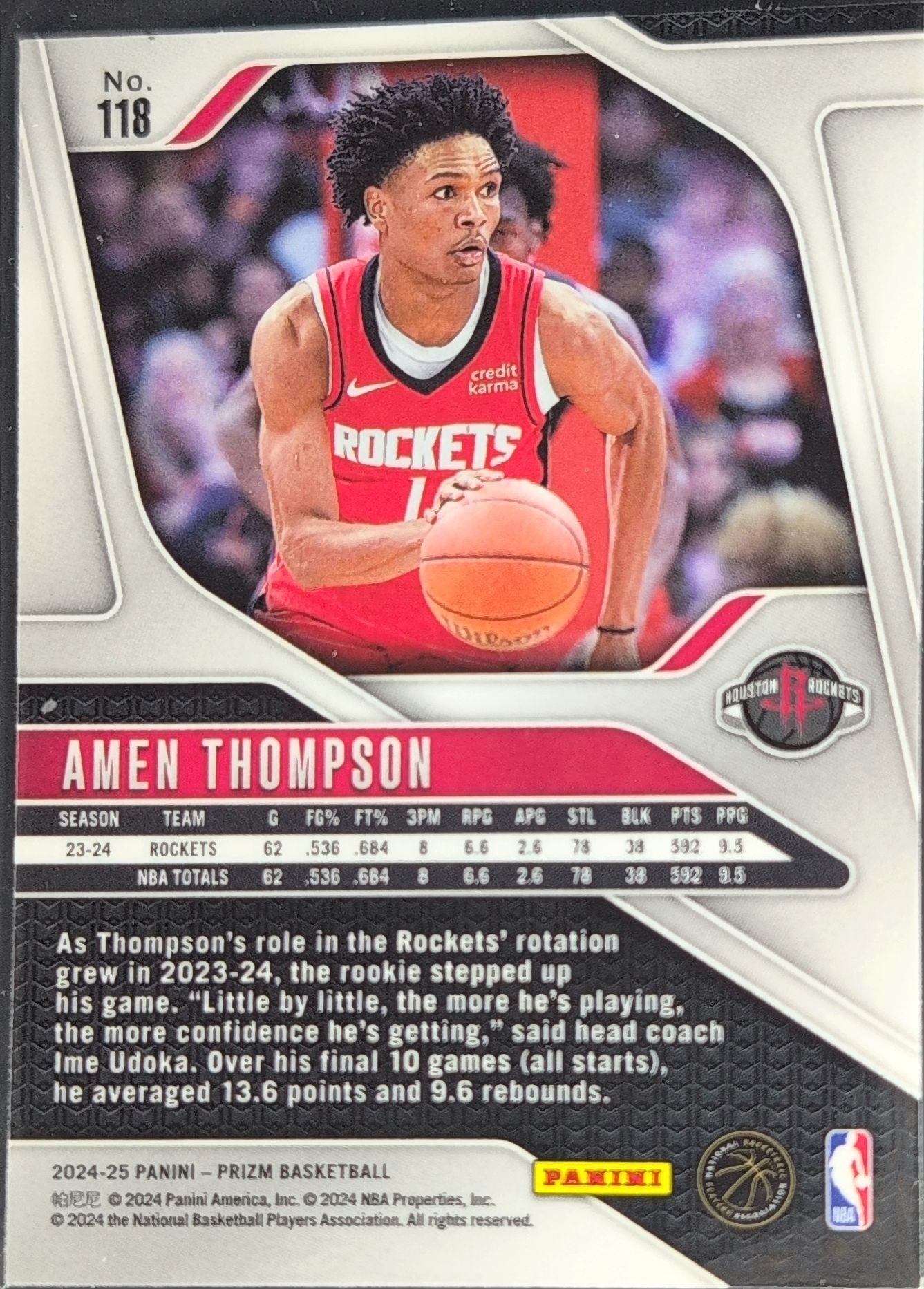 2024-25 Panini Prizm Amen Thompson #118 Houston Rockets back