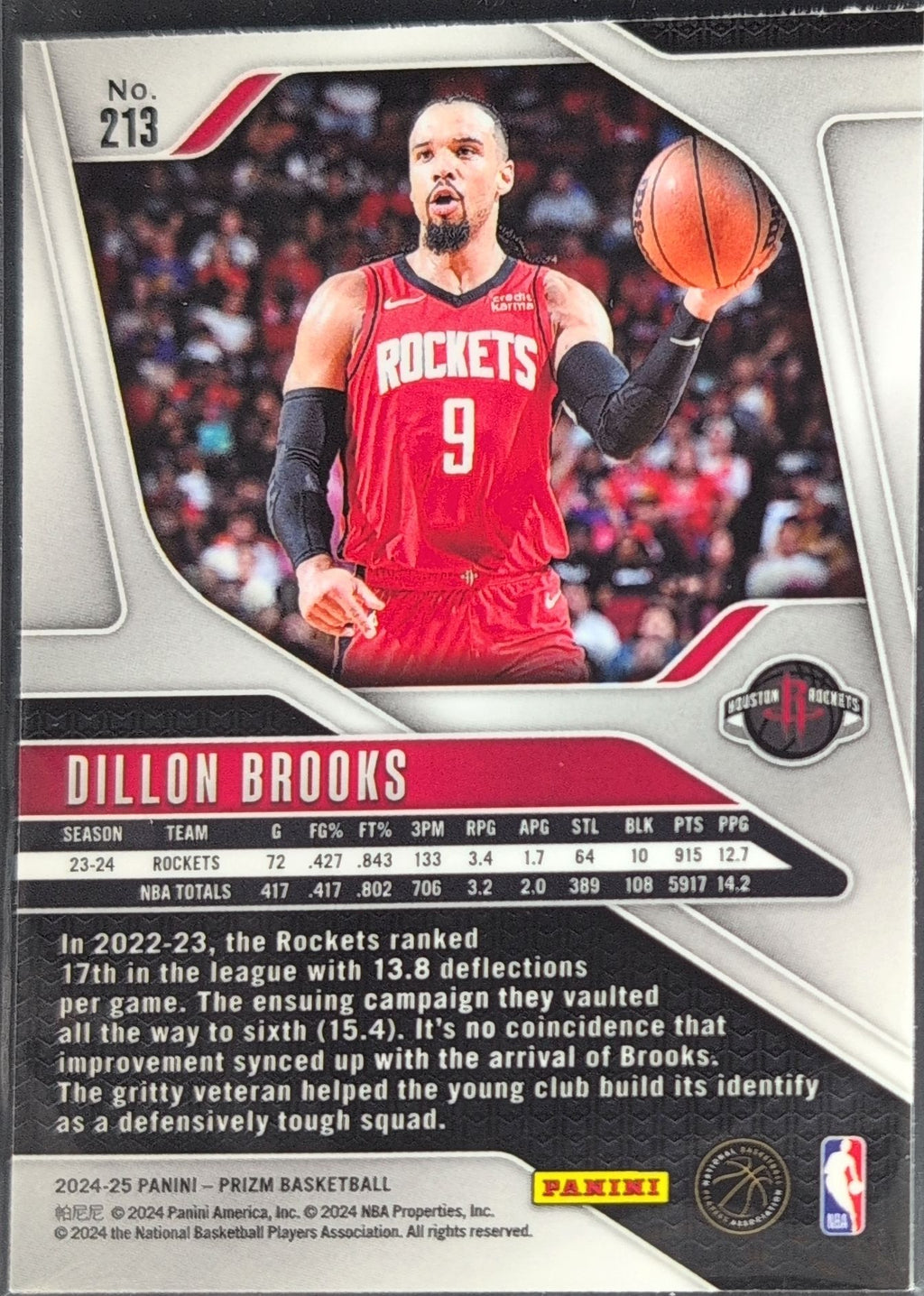 2024-25 Panini Prizm Dillon Brooks #213 Prizms Silver Houston Rockets back