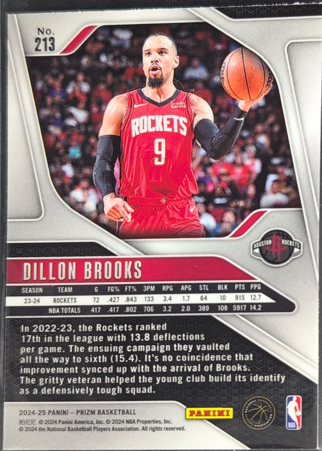 2024-25 Panini Prizm Dillon Brooks #213 Prizms Silver Houston Rockets back