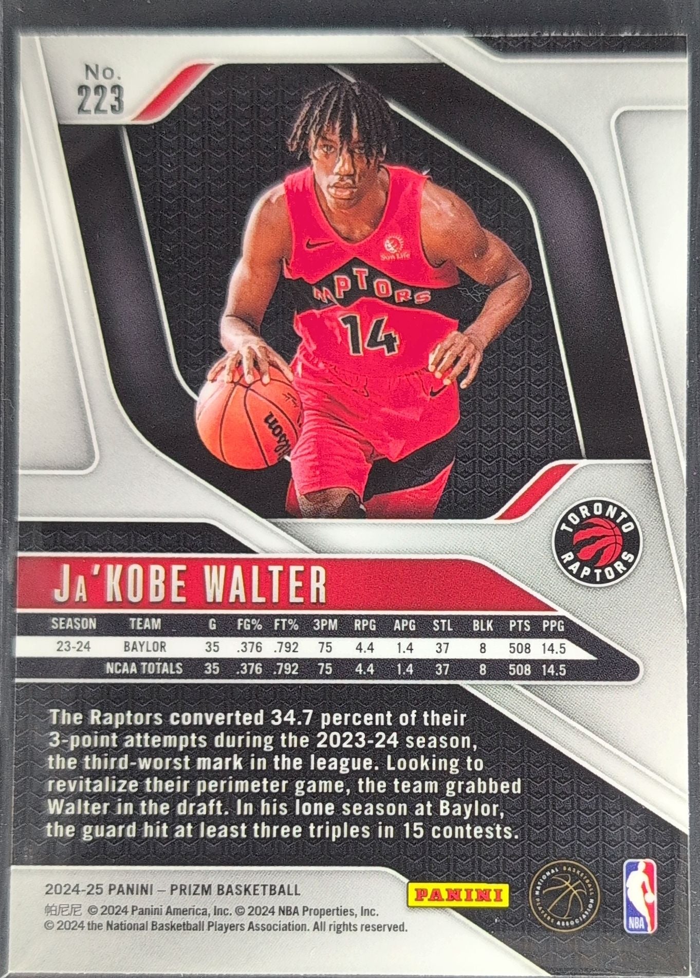 2024-25 Panini Prizm Ja'Kobe Walter #223 RC Toronto Raptors back