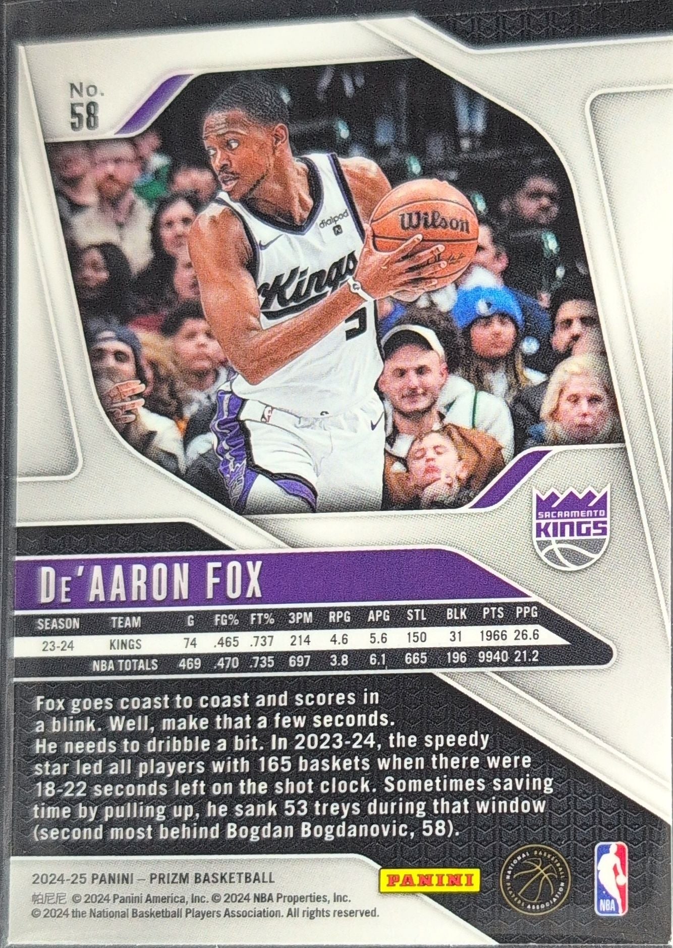 2024-25 Panini Prizm De'Aaron Fox #58 Sacramento Kings back