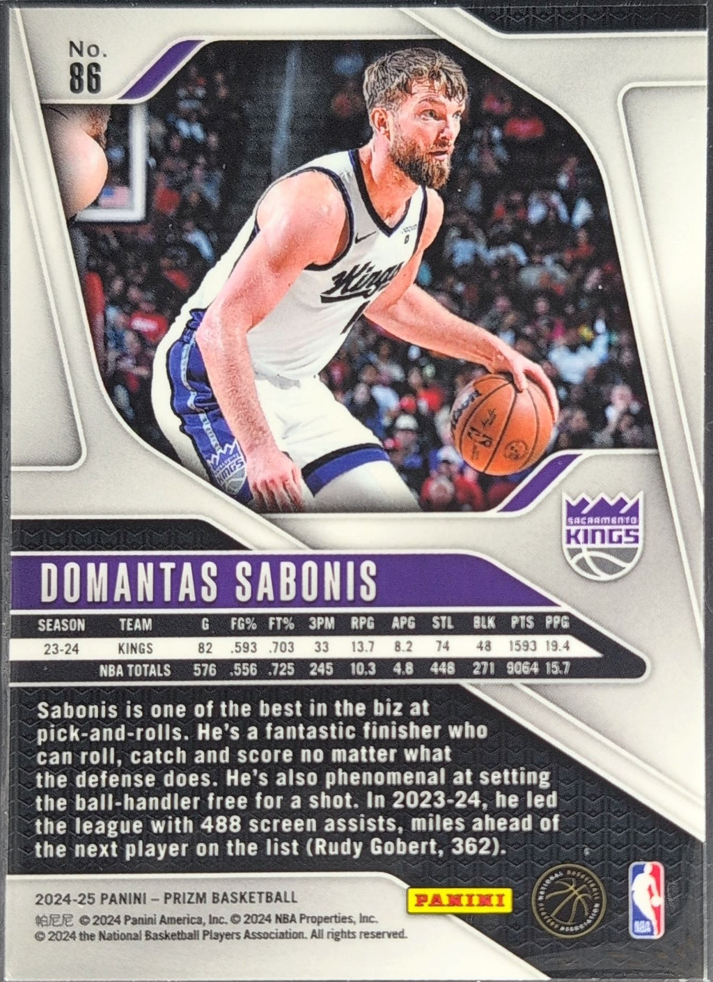 2024-25 Panini Prizm Domantas Sabonis #86 Sacramento Kings back