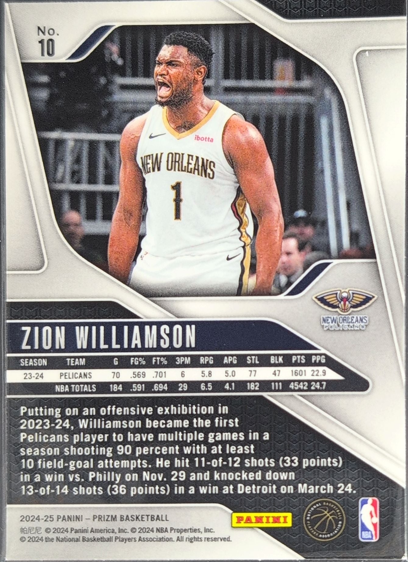 2024-25 Panini Prizm Zion Williamson #10 New Orleans Pelicans back